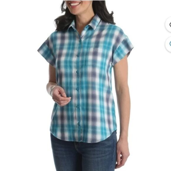 Riders By Lee Womens Plaid Button-Up Shirt Size 3XL Short Sleeve Blue & White - Picture 1 of 9